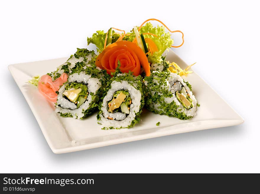 Sushi and salmon on a white plate