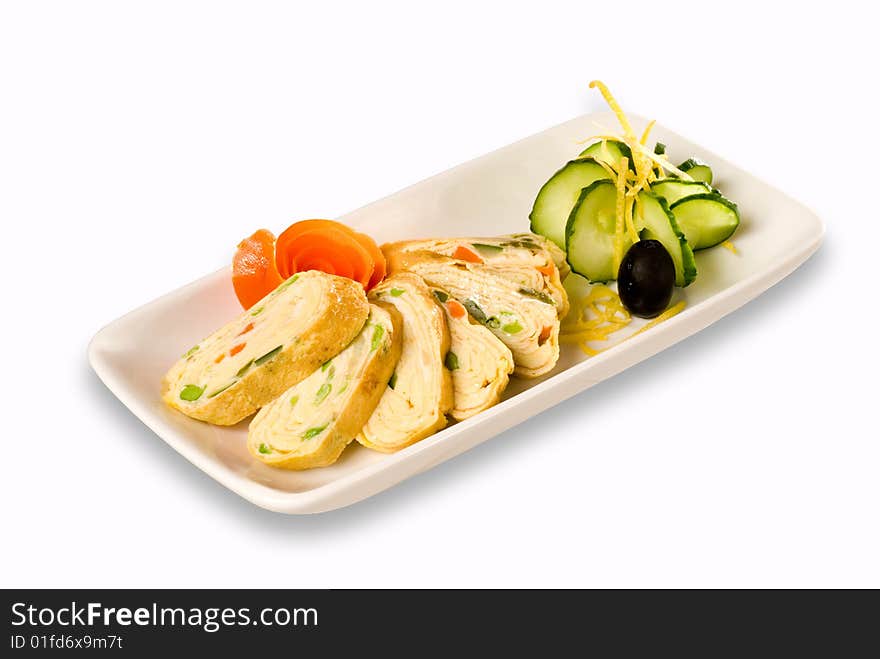 Sushi with the omelet, and cucumber on a white plate