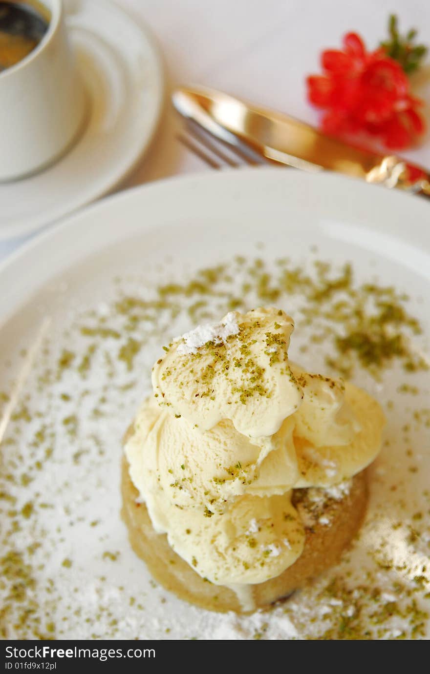 Ice cream and coffee on the table. Ice cream and coffee on the table