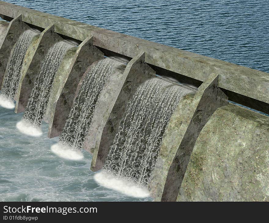 3d render of a dam wih water flowing. 3d render of a dam wih water flowing