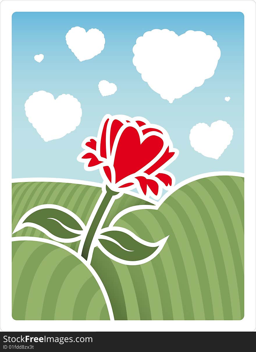 Vector composition of a striped field, heart shaped clouds and a rose. Vector composition of a striped field, heart shaped clouds and a rose