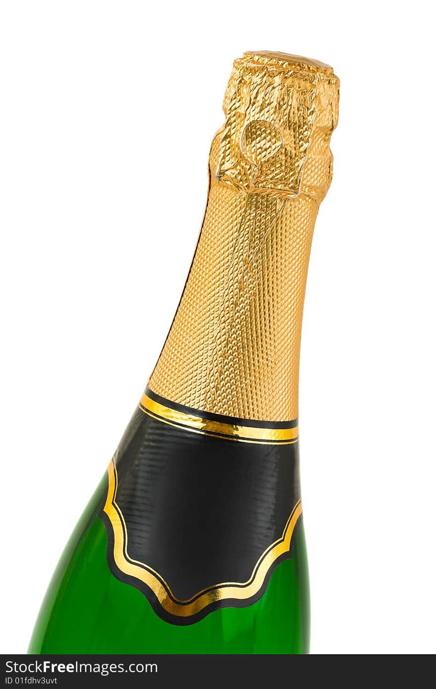 Macro of champagne bottle isolated on white background