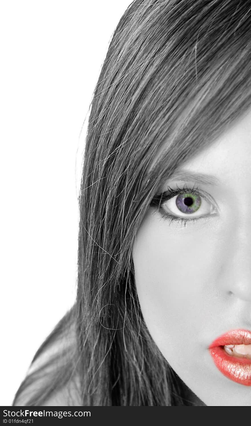 Close up of model looking at camera on an isolated white background. Close up of model looking at camera on an isolated white background