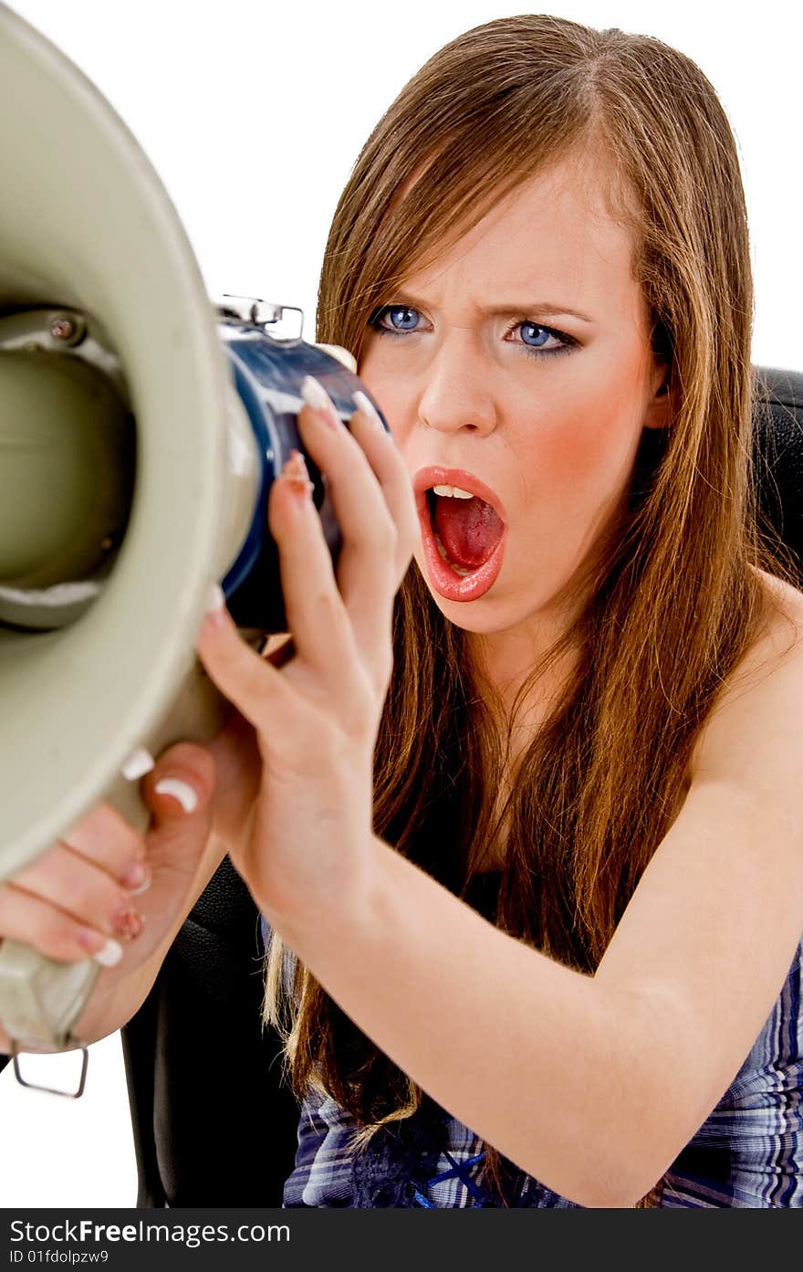 Front view of female shouting in loudspeaker on an isolated background