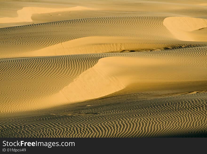 Stockton sand dunes in Anna Bay, NSW, Australia. Sand ripples detail with dramatic shadows. Taken in low light conditions.