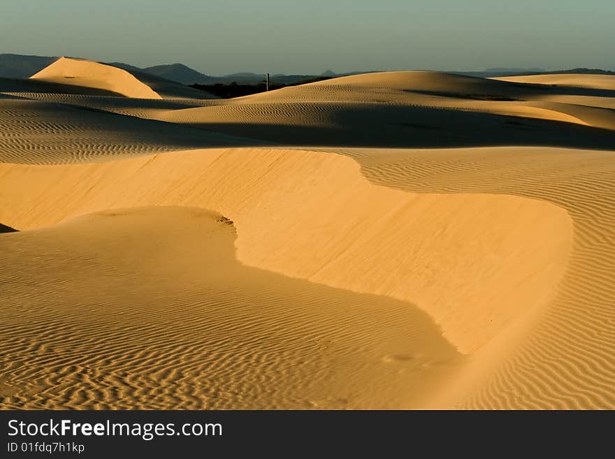 Stockton sand dunes in Anna Bay, NSW, Australia. Sand ripples detail with dramatic shadows. Taken in low light conditions.