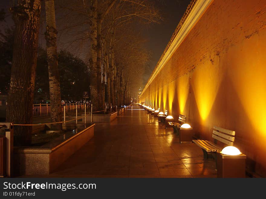 Corridor outside the Forbidden City at night