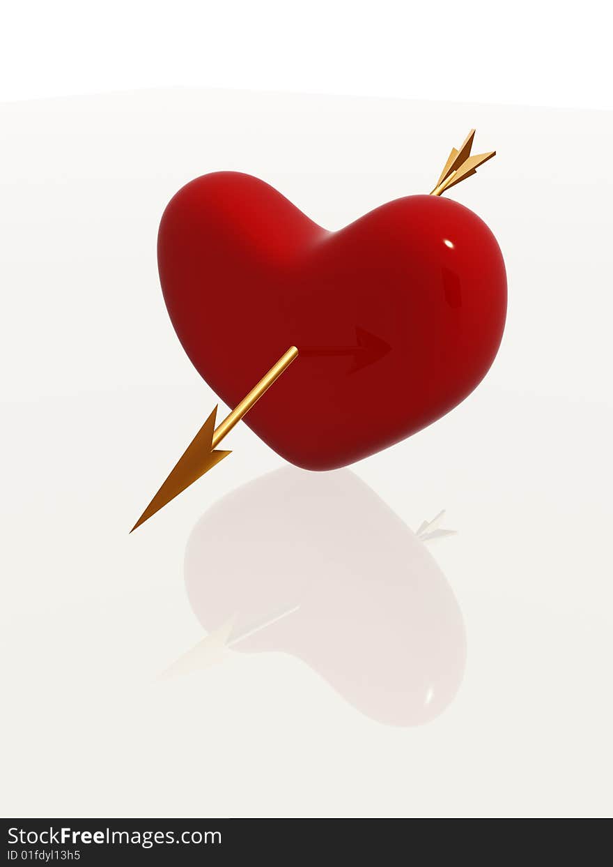 Red 3d heart pierced by golden arrow. Red 3d heart pierced by golden arrow