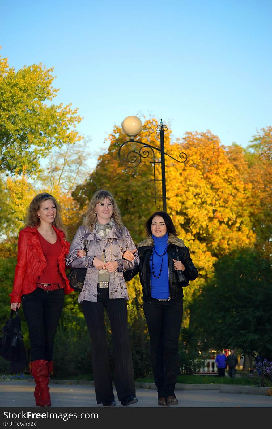 Three girls walk on park and smile. Three girls walk on park and smile