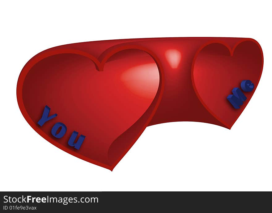 A picture of two red outline connected hearts with 3d effect. It's symbolize a bond of people in love. There is two sign: you and me - lovers. A picture of two red outline connected hearts with 3d effect. It's symbolize a bond of people in love. There is two sign: you and me - lovers.