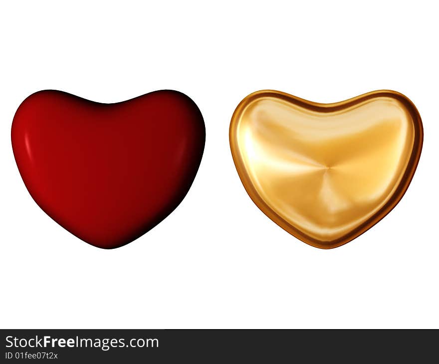 3d red and golden hearts symbol isolated on white