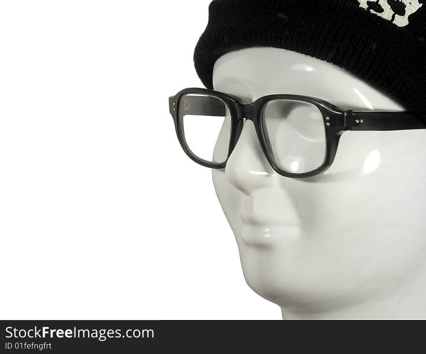 White head in hat and grandmother's glasses. White head in hat and grandmother's glasses