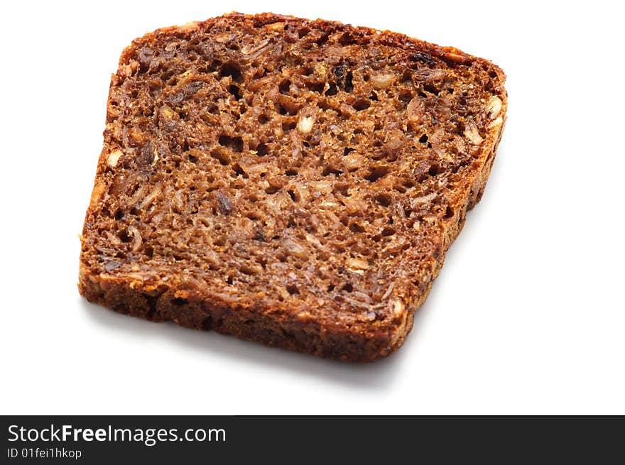 One piece of rye bread isolated on a white background.