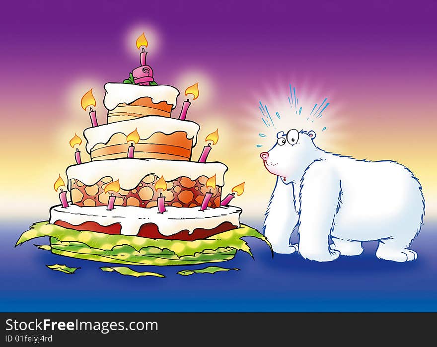 Polar bear with birthday cake