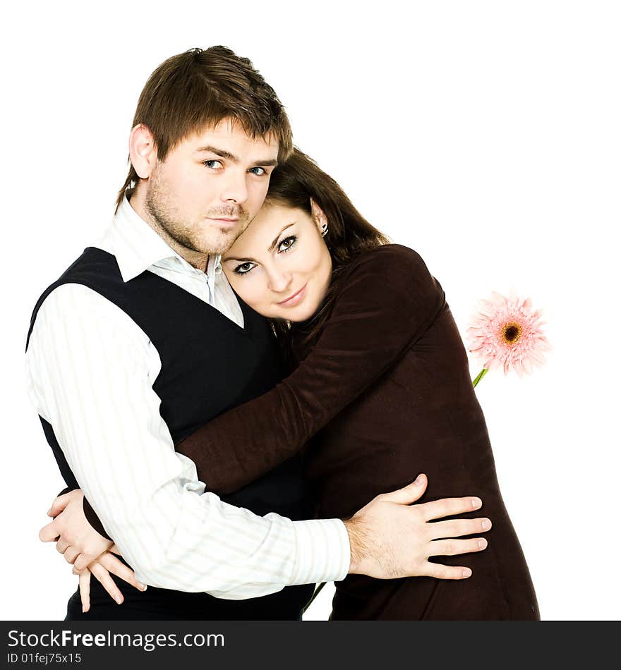 Stock photo: love theme: a portrait of a man and a woman with flower. Stock photo: love theme: a portrait of a man and a woman with flower