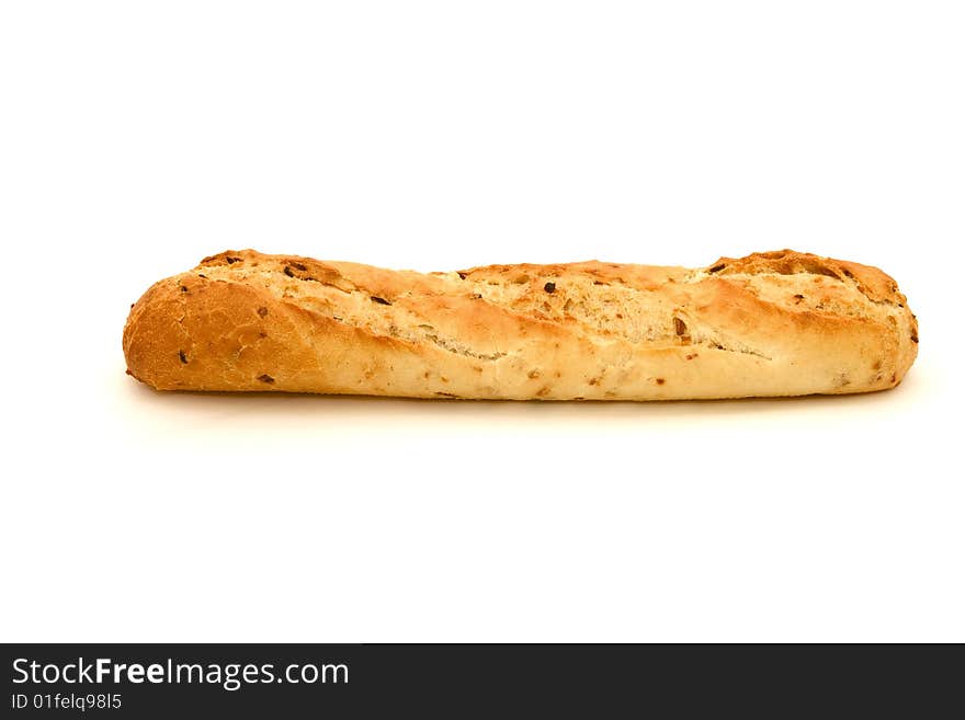 Long loaf. French bread on a white background. Long loaf. French bread on a white background