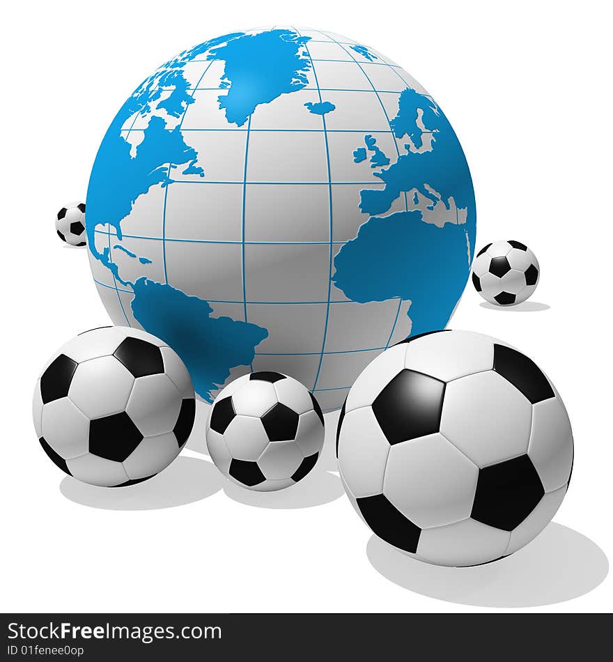 3D rendered soccer balls with globe