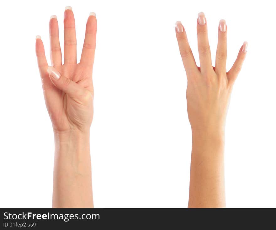 Female hands counting number 4