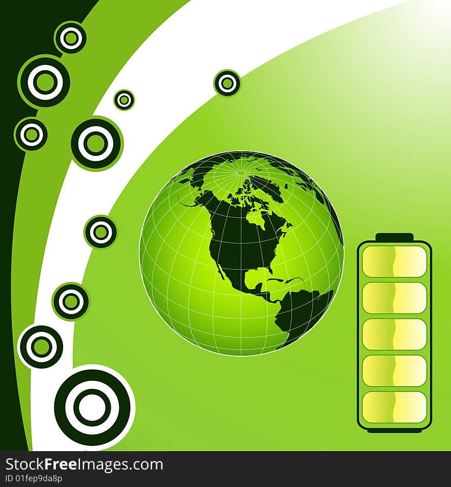 Vector green energy recycling planet earth with battery illustration.