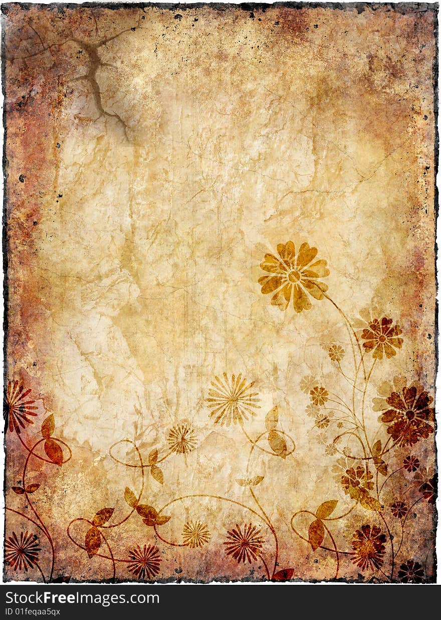 Abstract grunge background with floral, stains, cracks, filigree