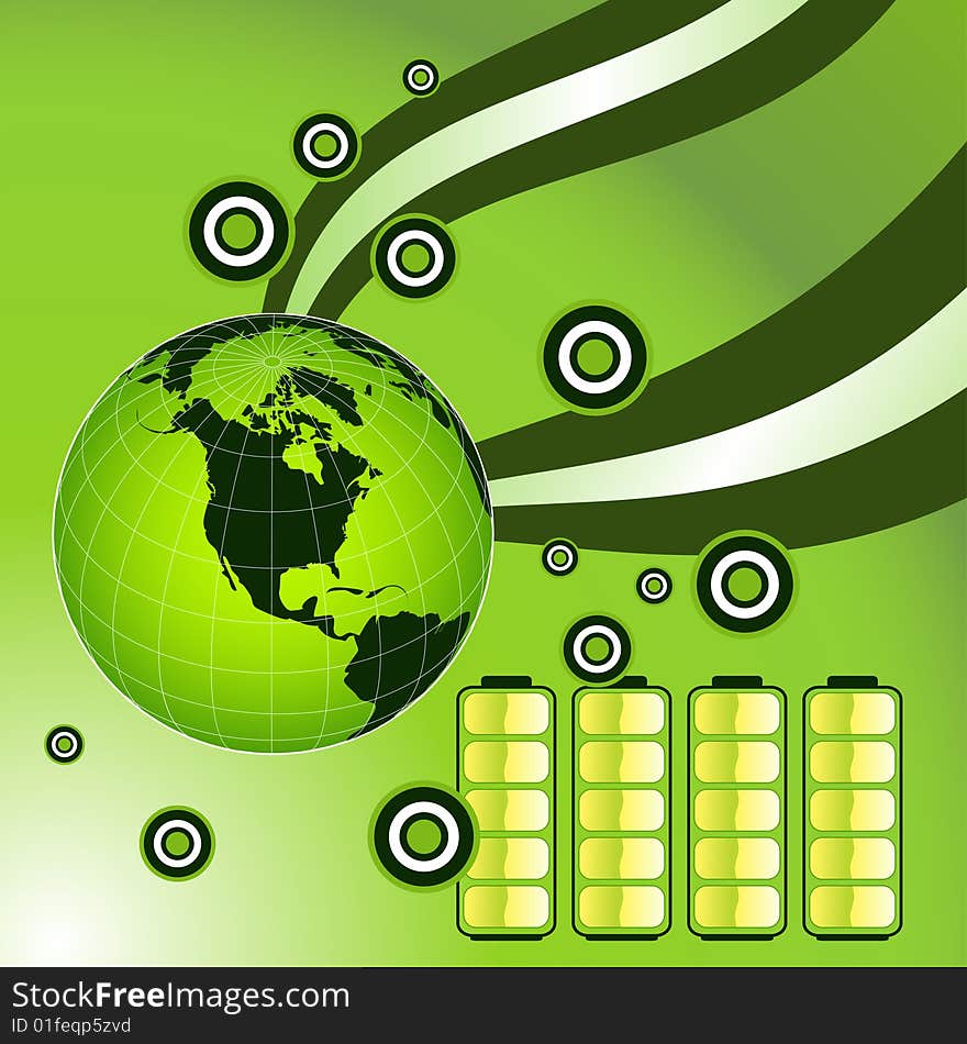 Vector green energy recycling planet earth with battery illustration.