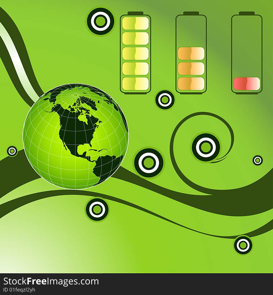 Vector green energy recycling planet earth with battery illustration.