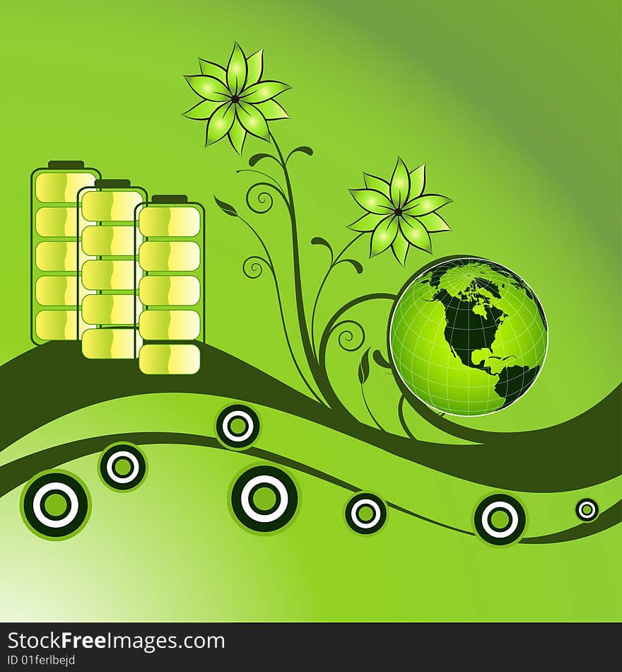 Vector green energy recycling planet earth with battery illustration.