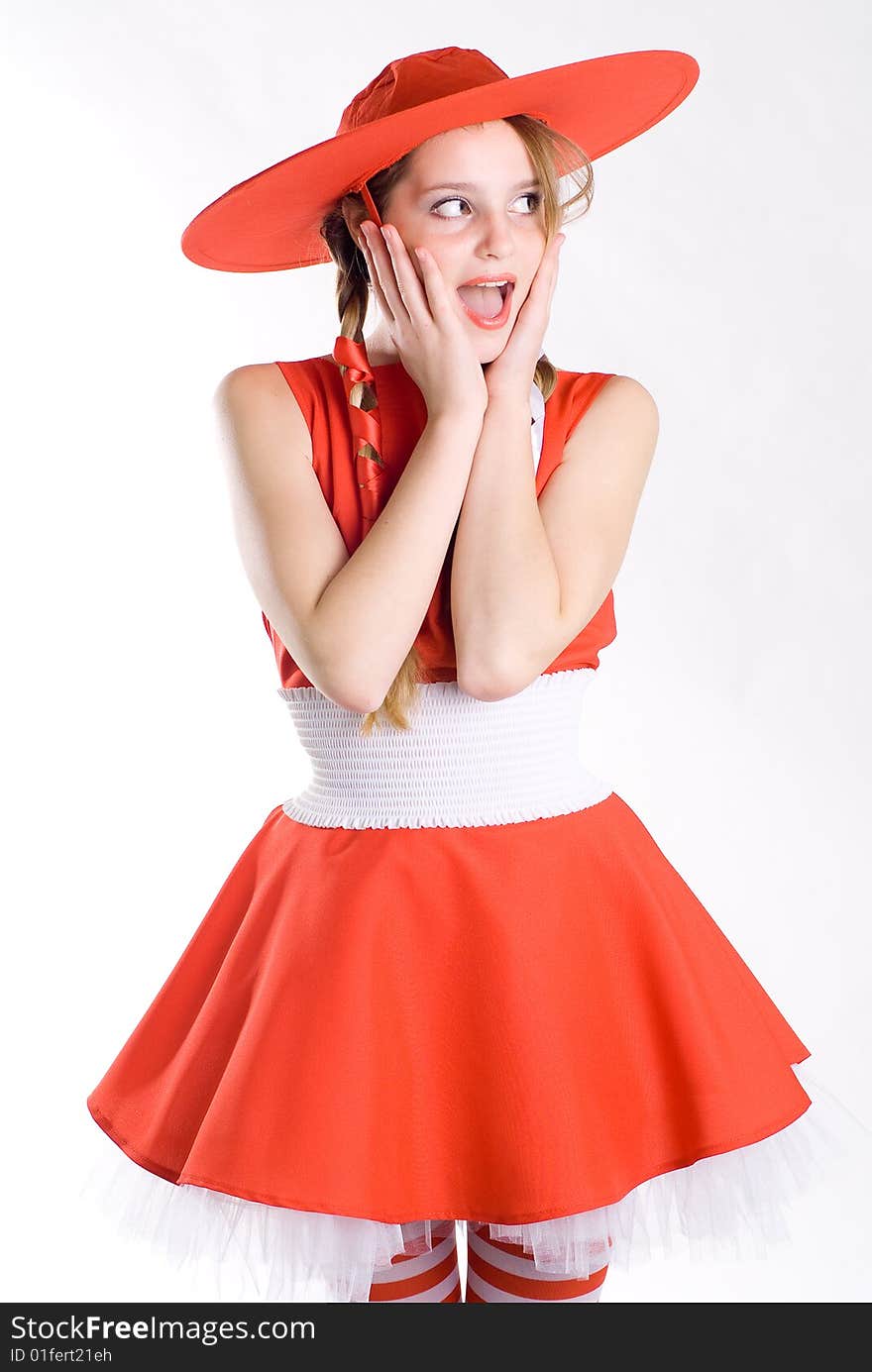 Surprised girl in red hat posing mouth open