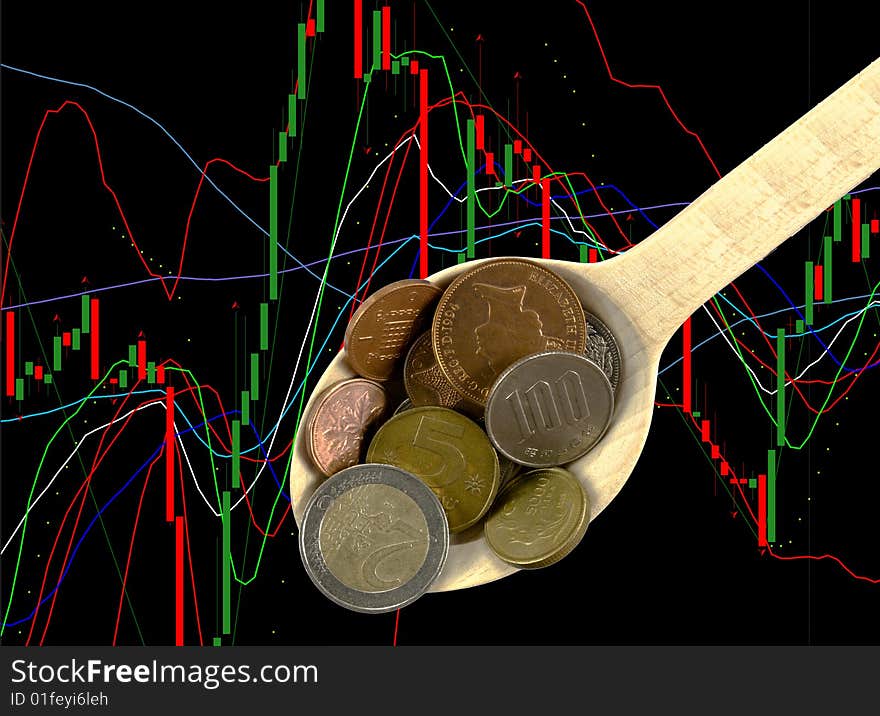 Wooden kitchen spoon with coins, on candlesticks chart, closeup. Wooden kitchen spoon with coins, on candlesticks chart, closeup.