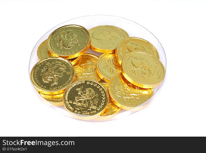 Gold coins isolated on white background.