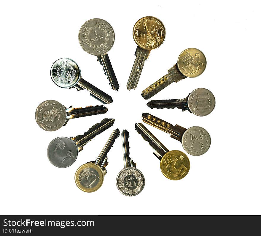 Worldwide financial latchkeys image isolated, on white. Worldwide financial latchkeys image isolated, on white.