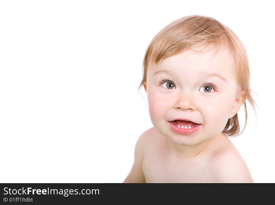 Happy baby girl smiling. over white background. Happy baby girl smiling. over white background