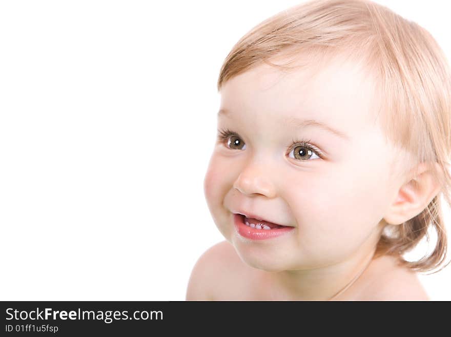 Happy baby girl smiling. over white background. Happy baby girl smiling. over white background