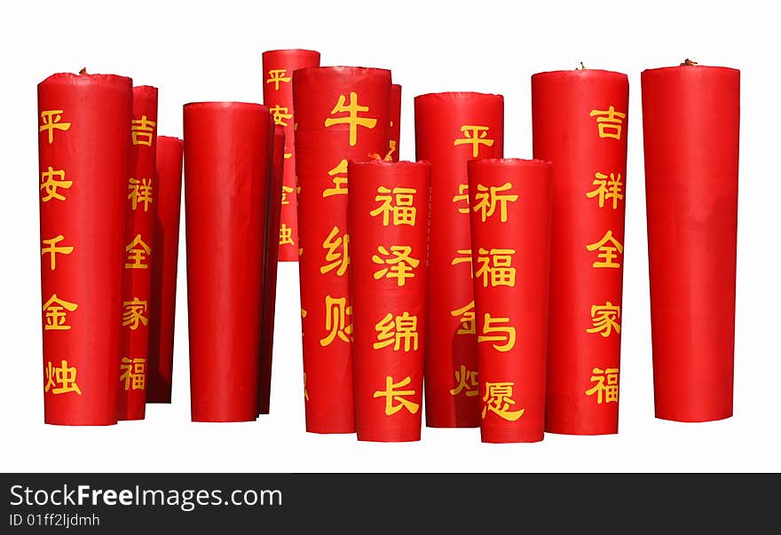 It's a chinese tradition to write best wishes on red candles. those are big ones. It's a chinese tradition to write best wishes on red candles. those are big ones.