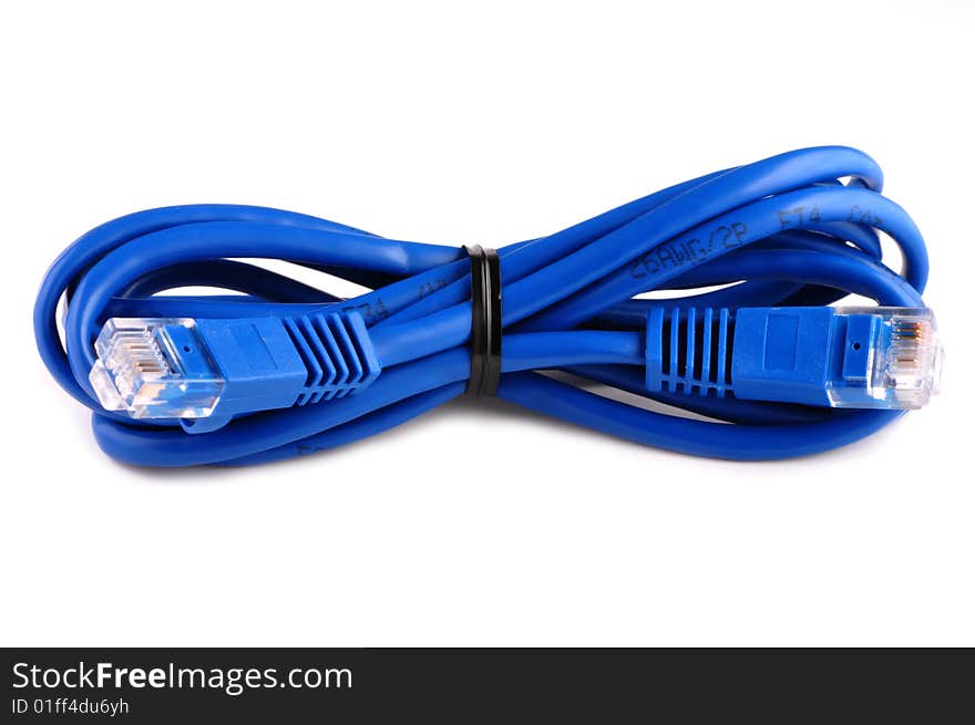 Blue network Cable is neatly wound and Isolated on white. Blue network Cable is neatly wound and Isolated on white