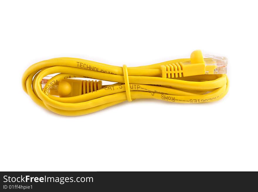 Yellow network Cat5 cable isolated on white