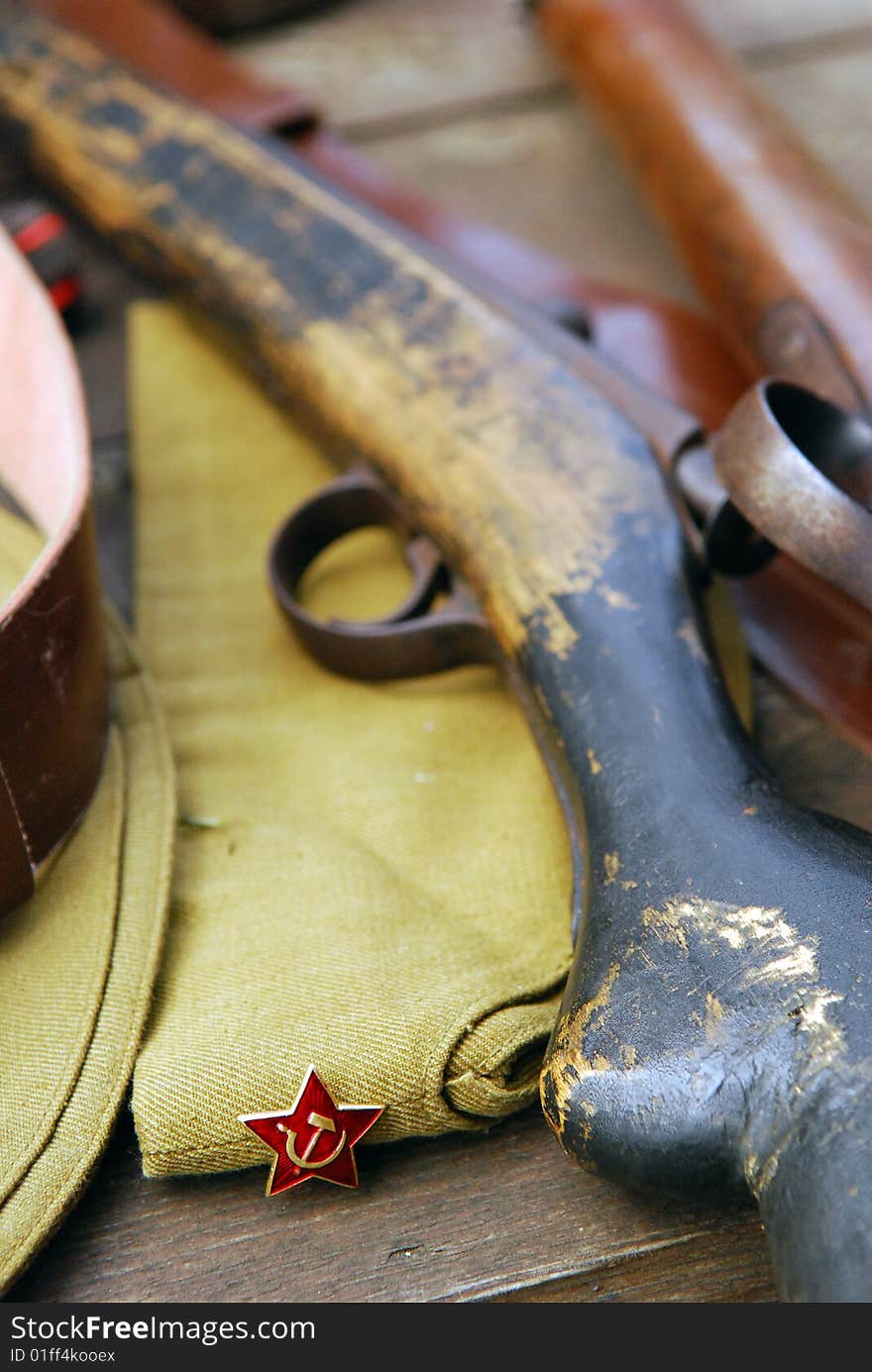 World War II Soviet Soldier Cap And Rifle