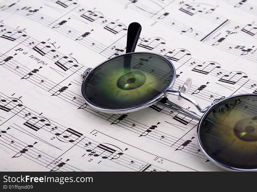 Reflect the pupil in the glasses with music notes background