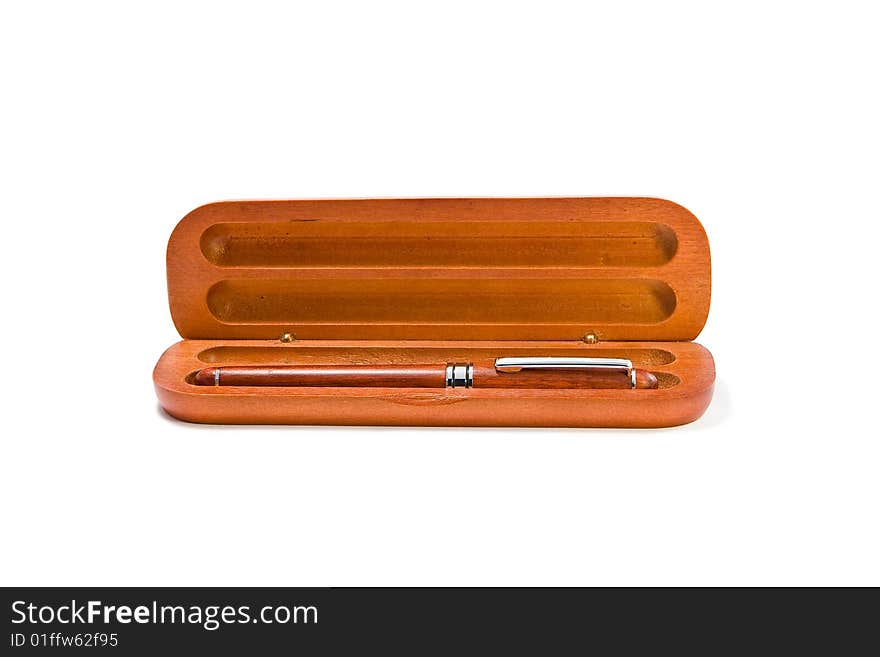 Fountain pen in wooden box on white background