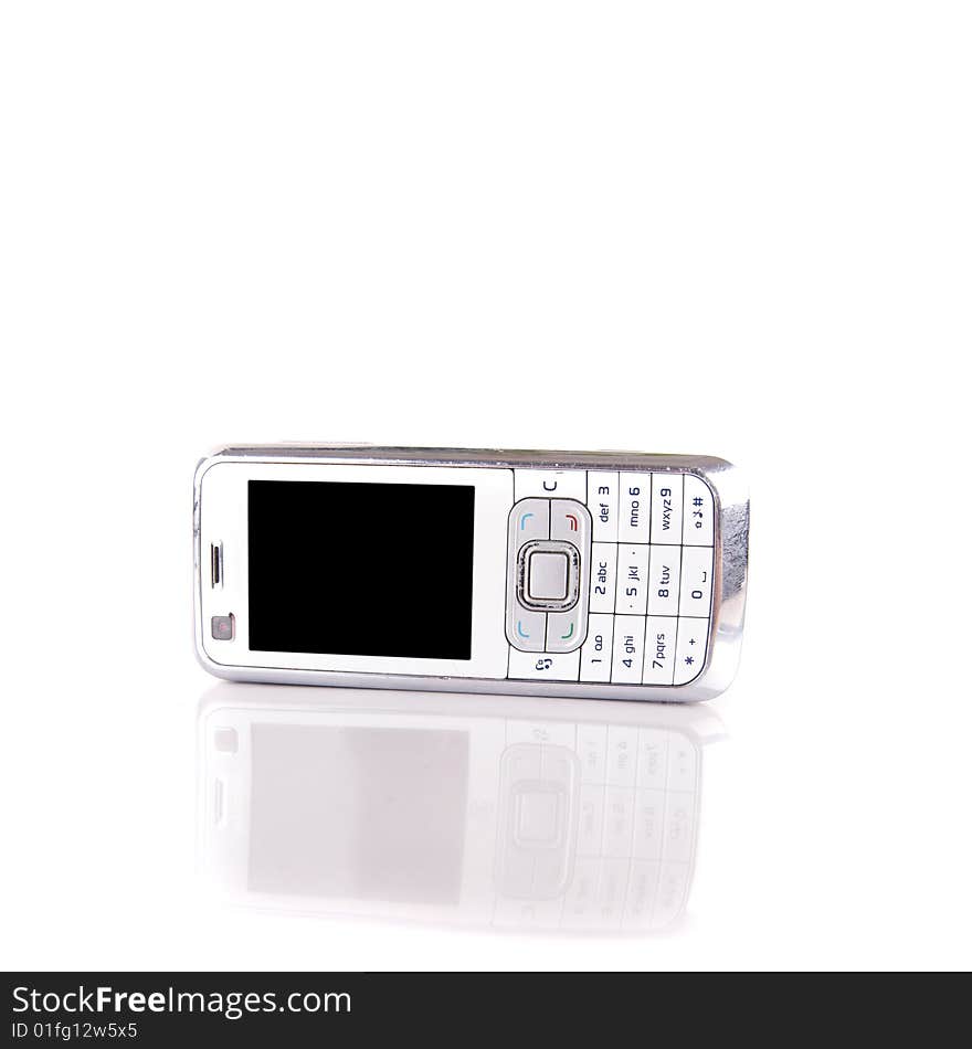 Isolated shot of a white cell phone. The phone is mirrored and isolated over pure white. Lot of copyspace. Isolated shot of a white cell phone. The phone is mirrored and isolated over pure white. Lot of copyspace.