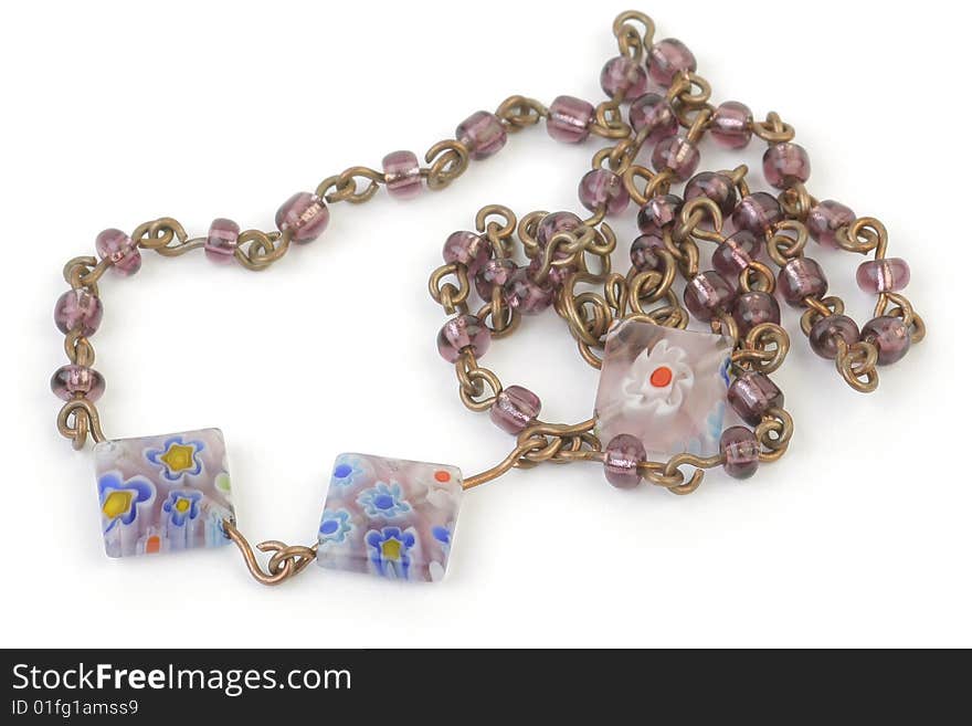 Coppery Necklace with Beads on white background.