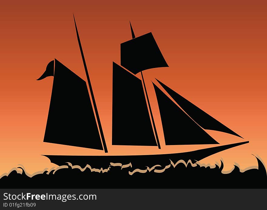 Vector illustration of a sailboat on sunset