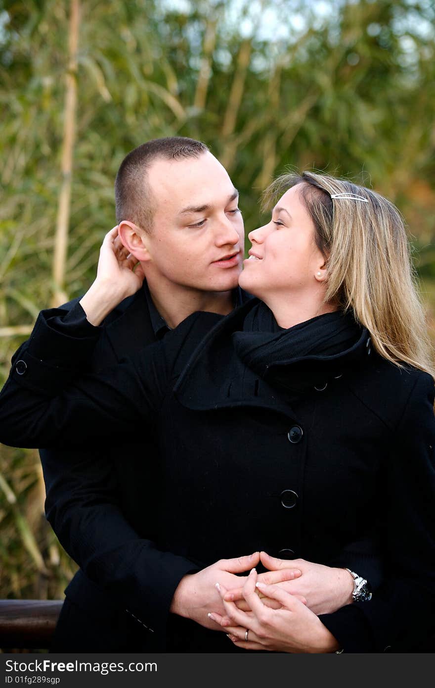 Kissing couple in a park valentine day. Kissing couple in a park valentine day