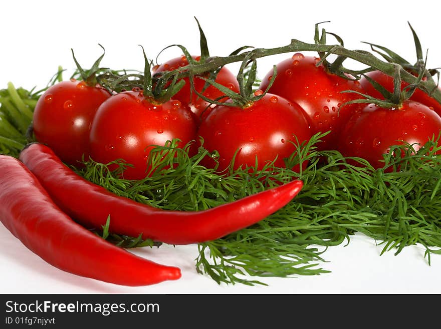 Tomatoes, dill and red hot pepper isolated on white