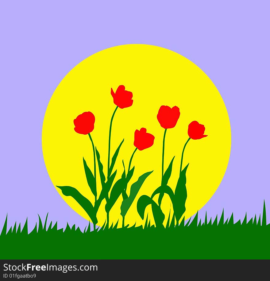 Vector illustration tulip against sun