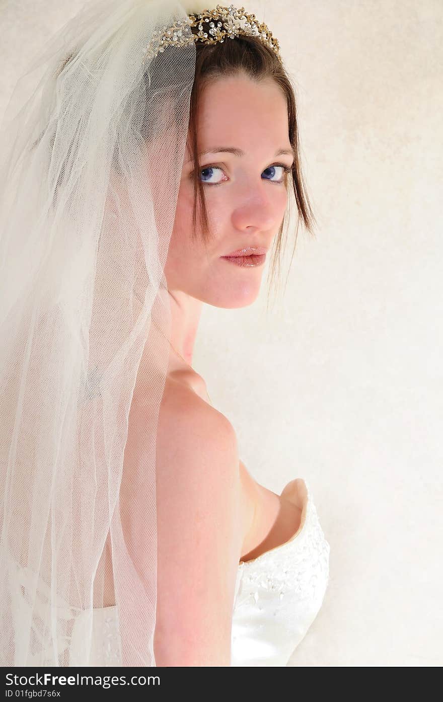 Stunning bride casualy looking over her shoulder and gazing into the lens. Stunning bride casualy looking over her shoulder and gazing into the lens