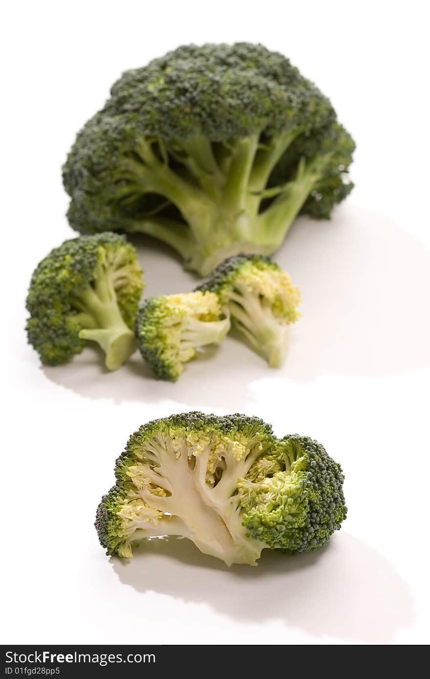 Macro picture, two heads of broccoli over white