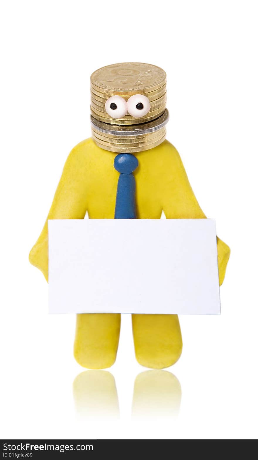 Plasticine businessman with head made of money holds blank card isolated on white. Plasticine businessman with head made of money holds blank card isolated on white