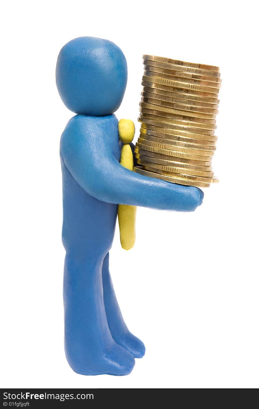 Plasticine businessman holds heap of gold coins. Plasticine businessman holds heap of gold coins