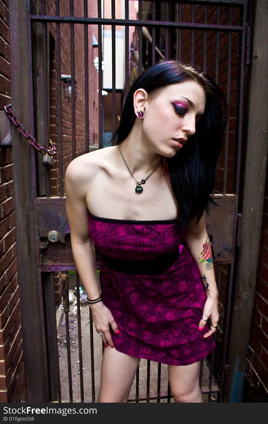 Pretty woman with jet black hair wearing a print sleeveless dress. She is standing in an alley in front of a chained fence. Pretty woman with jet black hair wearing a print sleeveless dress. She is standing in an alley in front of a chained fence.